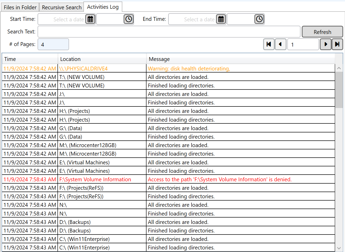 A screenshot of the activity log pane of the Main window.