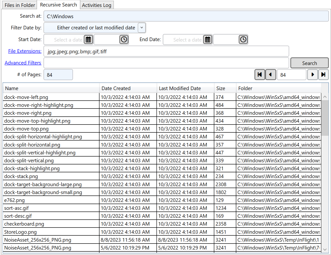 A screenshot of the search results pane of the Main window.